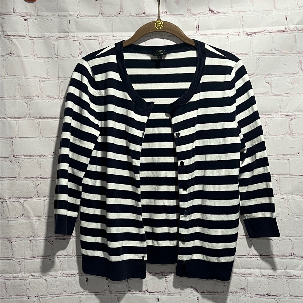 Talbots Cotton Blend Navy and White Striped Cardigan Woman’s Size Large Petite